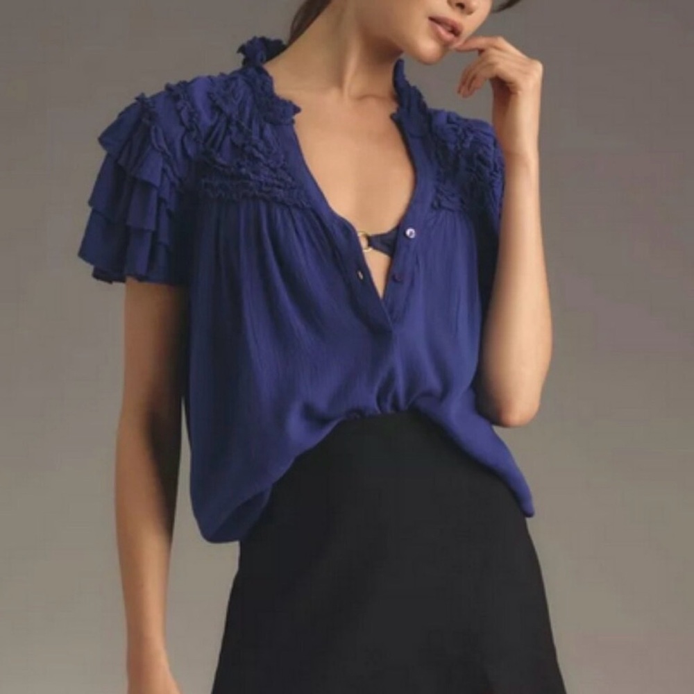 Anthropologie Maeve Royal Blue Ruffle Blouse